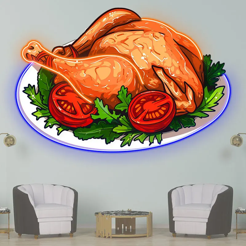 Roast Turkey Neon Light Sign - Delicious Holiday Meal Design with Tomatoes & Greens, Ideal for Thanksgiving & Festive Kitchen