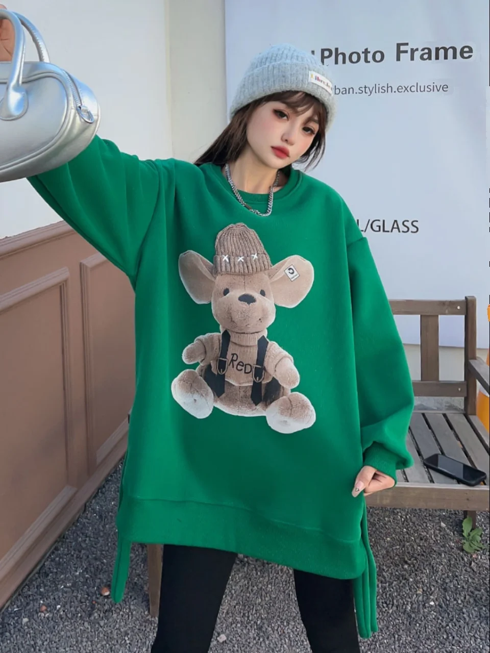 Autumn Winter Mid-Length Loose Casual Split Hoosies Women Fun Cartoon Pattern Printing Fleece Round Neck Long Sleeve Sweatshirts