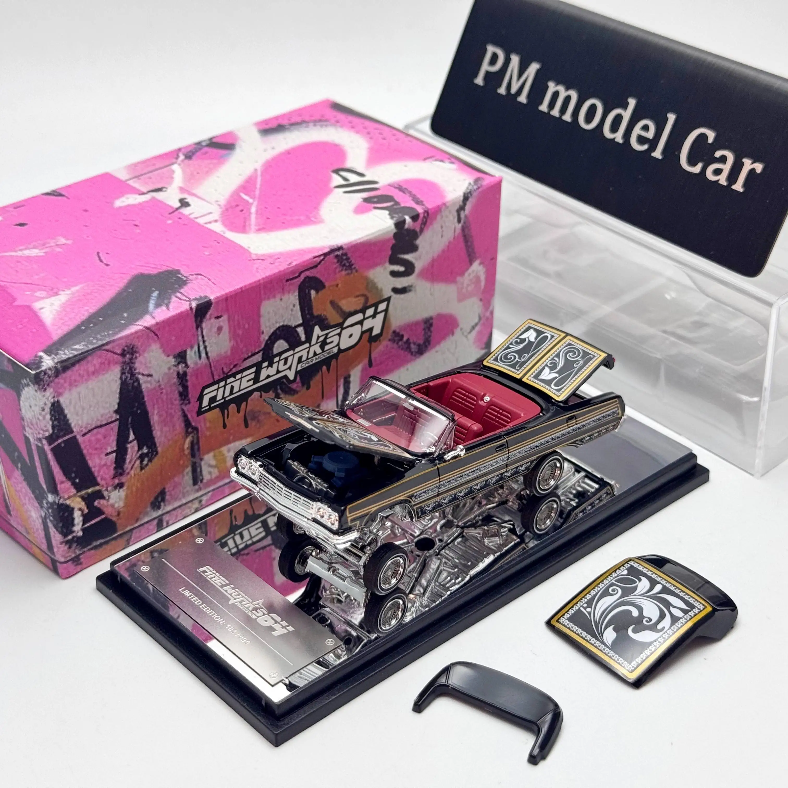 Fine Works64 1:64 Chevrolet Impala Lowrider Black Gold Removable Top Opening Front & Rear Hoods Alloy Diecast Model Car Collecti