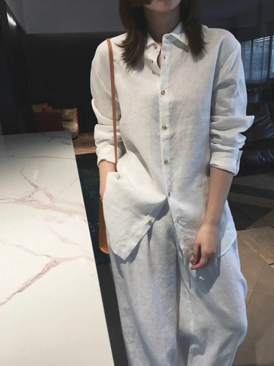 Frauen Baumwolle Leinen irt Lose Breite Bein Hosen Set Dstring Taille Abnehmen Wirkung Casual Sle Frühling Faion Ensemble