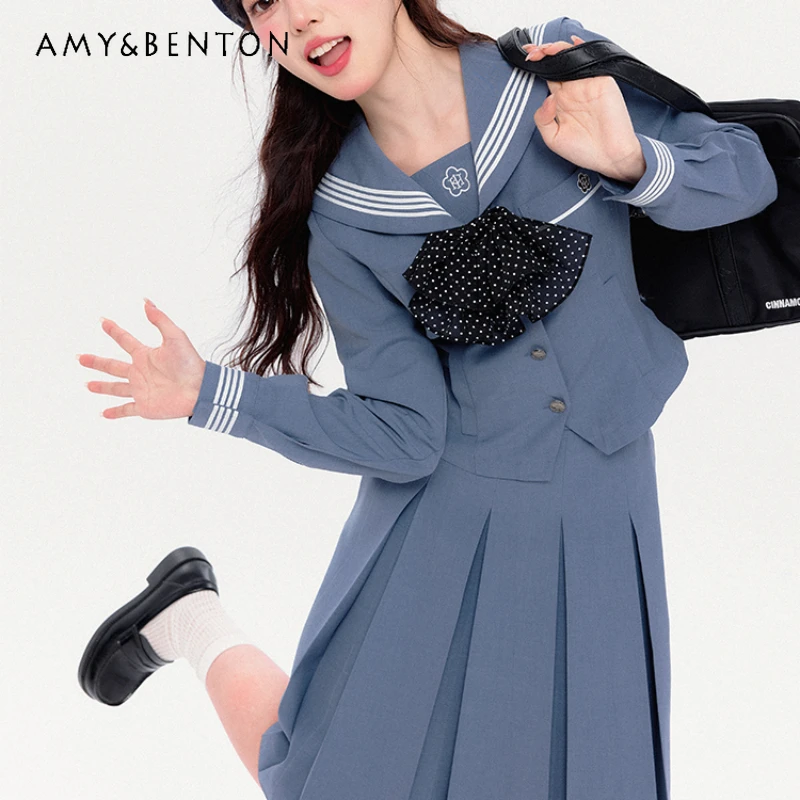 

2024 Japanese JK Uniform Autumn Outfits Sailor Collar Blue Slim-Looking Versatile Preppy Style Long Sleeves Top Skirt Suit Women