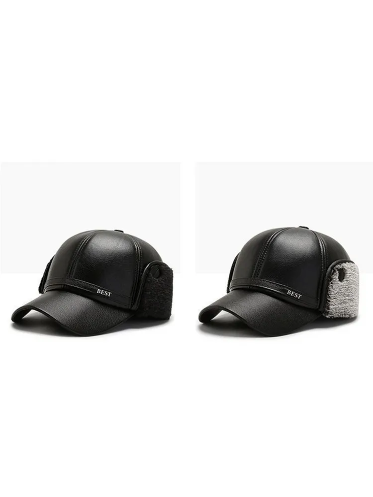Lässige Herren-Baseballkappe aus weichem Leder mit Bündchen für mittlere und ältere Menschen, warm für den Winter – Detail 2