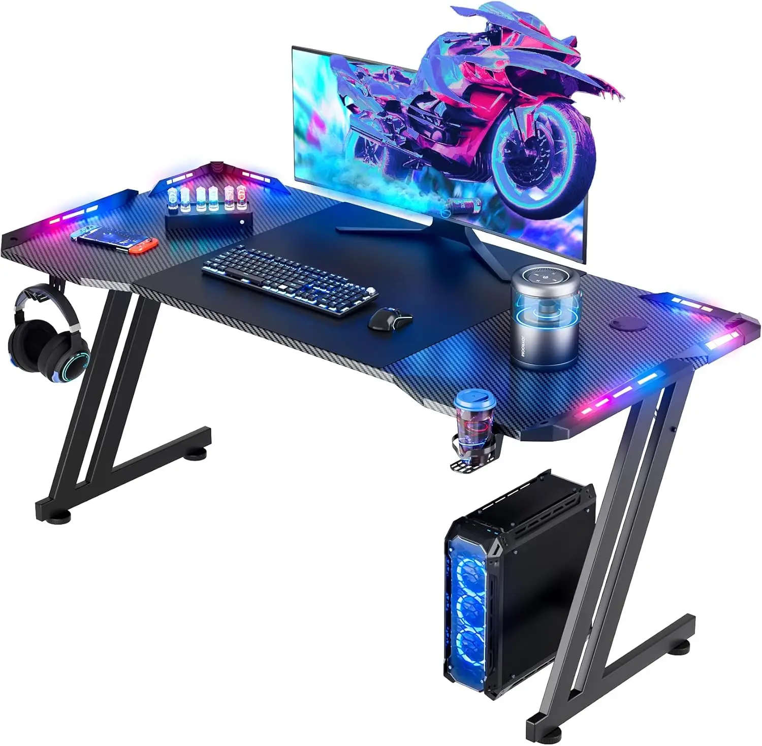 47 Inch Gaming Desk with LED Lights Carbon Fibre Surface Gaming Table Large Computer Desk Ergonomic Home Office Desks