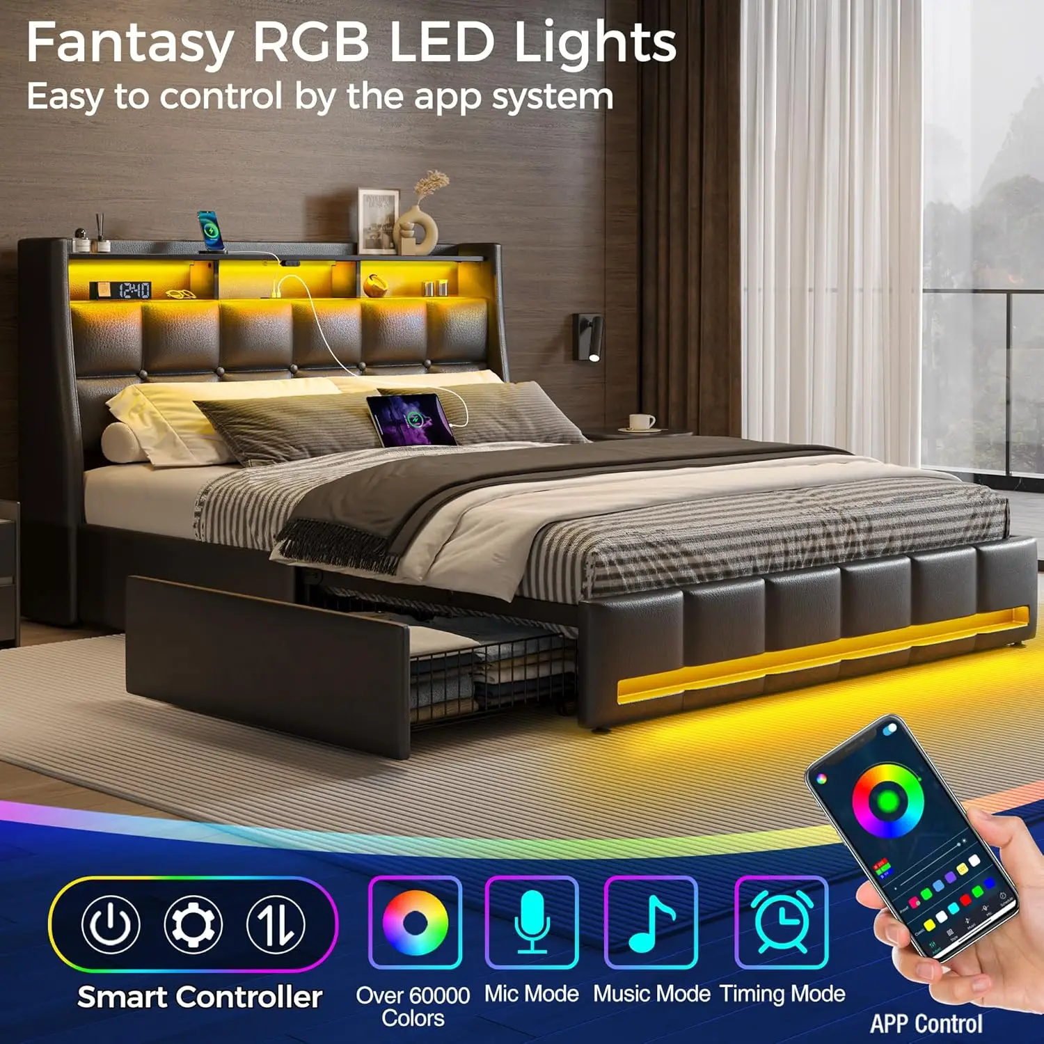 Queen Size Bed Frame with LED Lights and Charging Station, PU Leather Bed Storage Headboard  Wood Slats, Easy Assembly