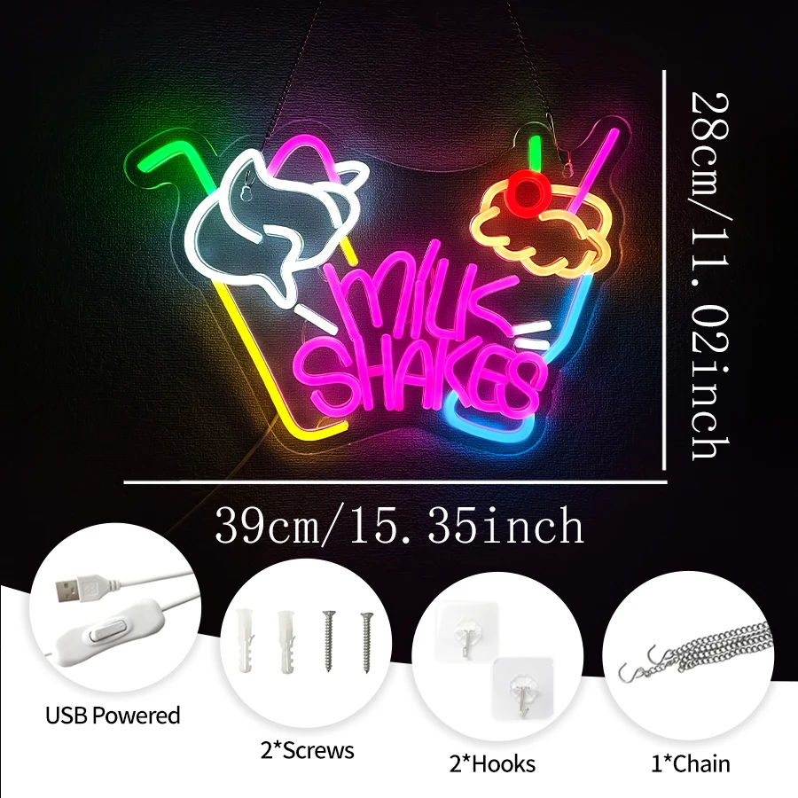 Milk Shakes Neon Signs Ice Cream Neon Sign Milk Tea LED Neon Light Frozen Yogurt Food Drink Restaurant Dessert Shop Bar Decor