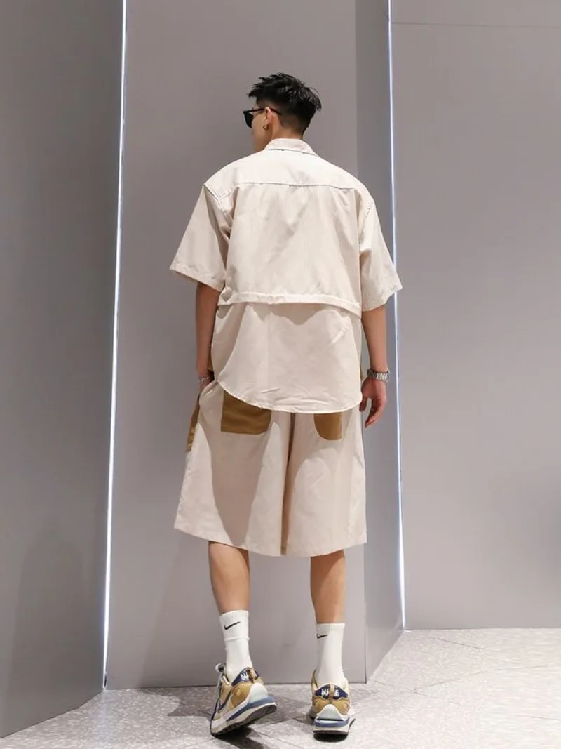 ​Men's Casual Streetwear Fake Two Piece Set Short Sleeve Shirt Shorts Color Block Loose Fit Big Pockets​