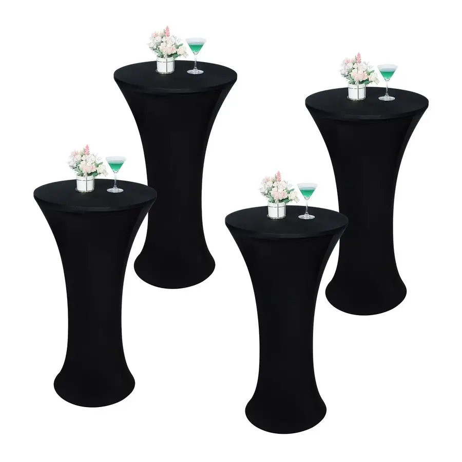 

4PCS 24x43 Inch Black Round Cocktail Tablecloth Fitted Highboy Stretch Cocktail Table Cover for Banquet Bar Party Pub Wedding In