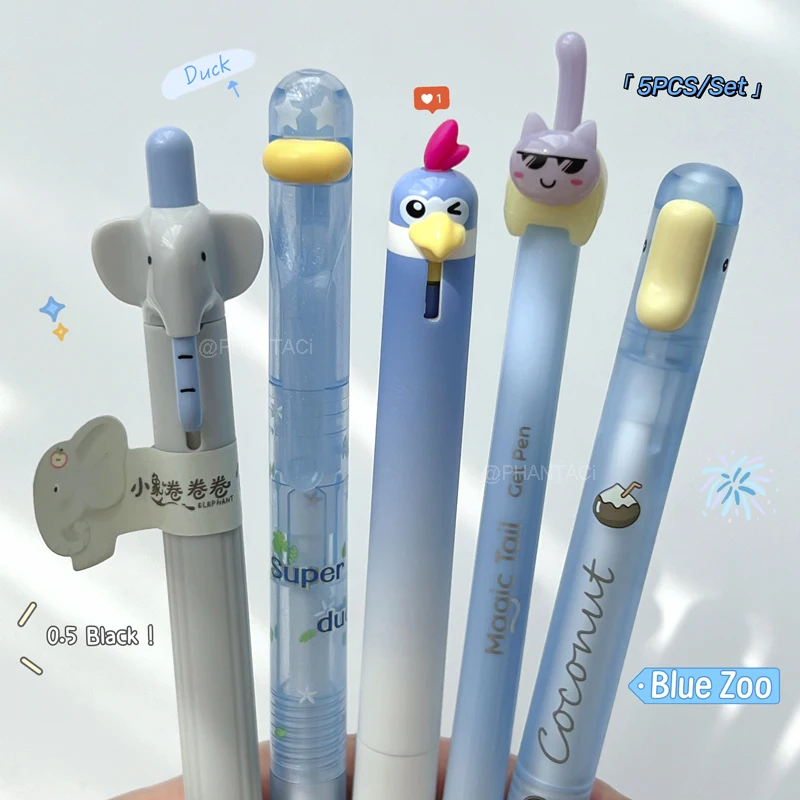 Juego de 5 Bolígrafos de Gel de la Serie Blue Zoo, Bolígrafo Negro de 0,5 mm, Diseño Creativo de Elefante, Gato, Pato, Loro, Ganso, Material de Oficina