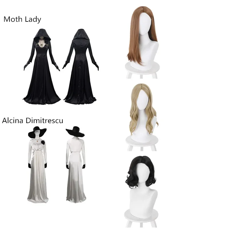 XT8 الكبار قرية الشر زي Alcina Dimitrescu مصاص دماء العثة سيدة فستان ملابس بيلا شعر مستعار تأثيري هالوين كرنفال @ XT6!