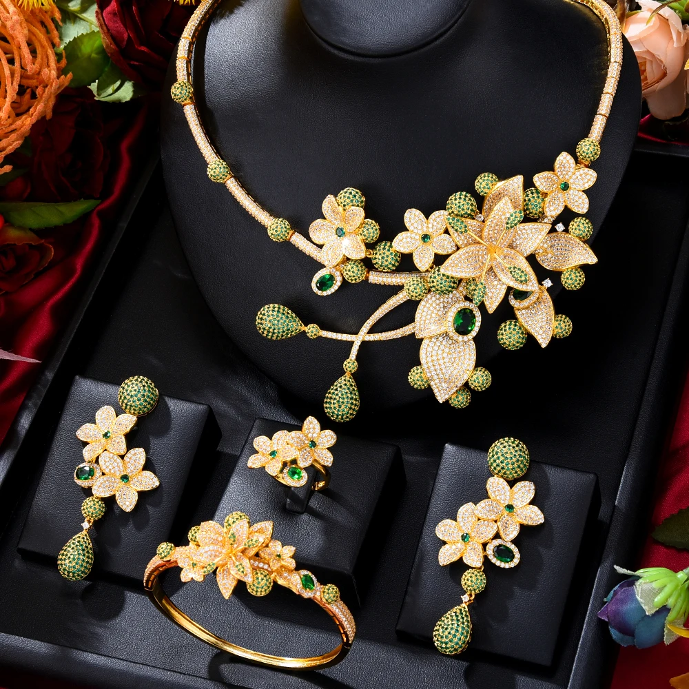 Missvikki 4PC BIG Flower Leaf Luxury African Jewelry Set For Women Wedding Party Naija Bride Necklace Dubai Bridal Dress Jewelry