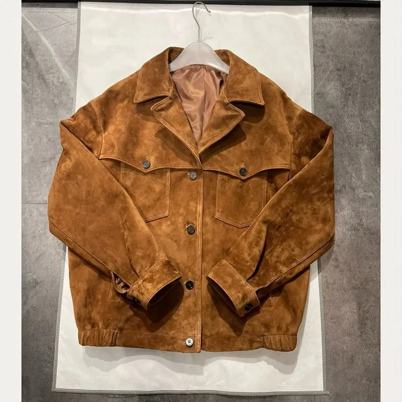 Giacca in pelle di agnello naturale per donna 100% vera pelle scamosciata tasche retrò marrone cappotto da donna maniche lunghe Chaquetas Mujer