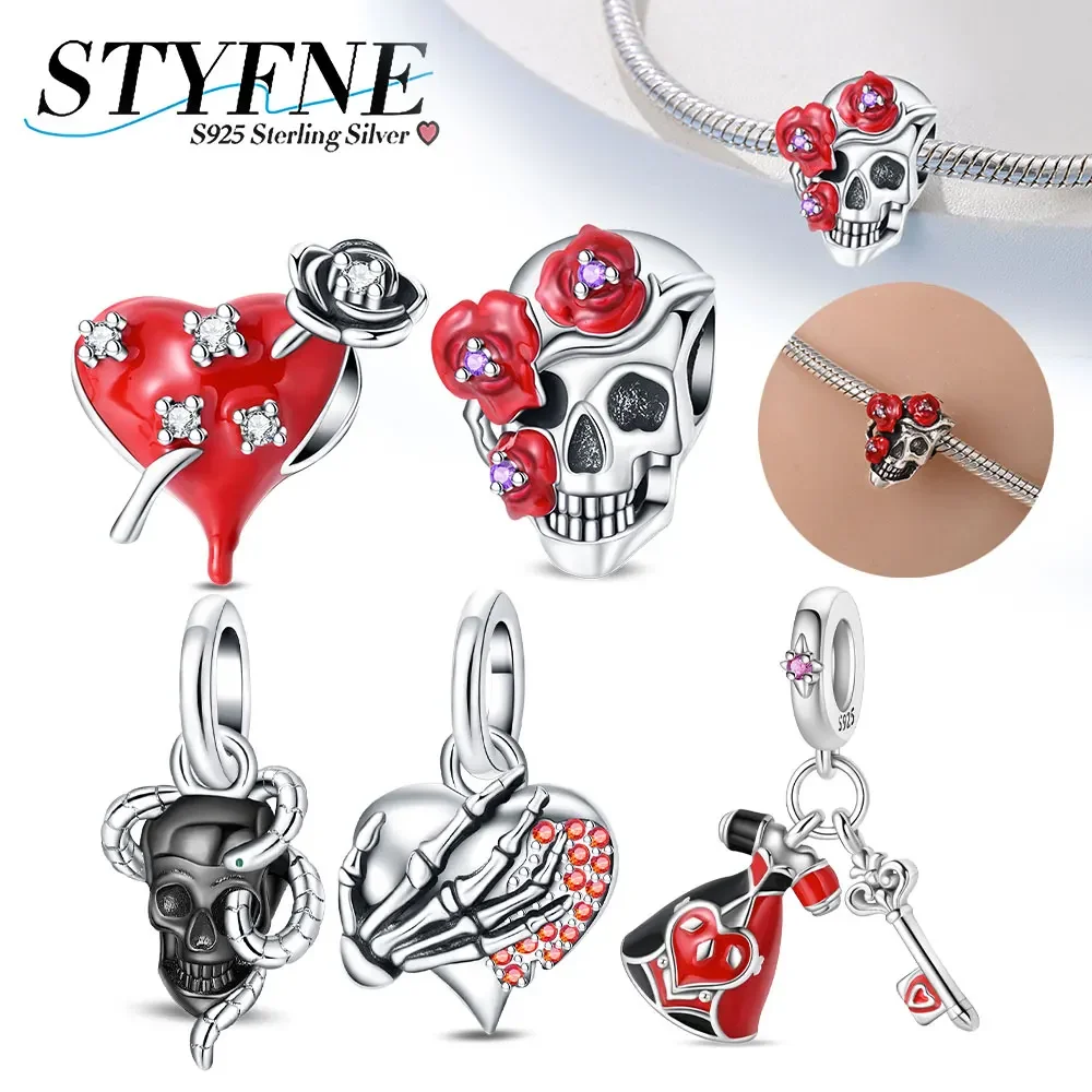 

925 Sterling Silver Halloween Magic Key Dark Skull Beaded Charm Fit Original Bracelet Diy Fine Jewelry Making Gift