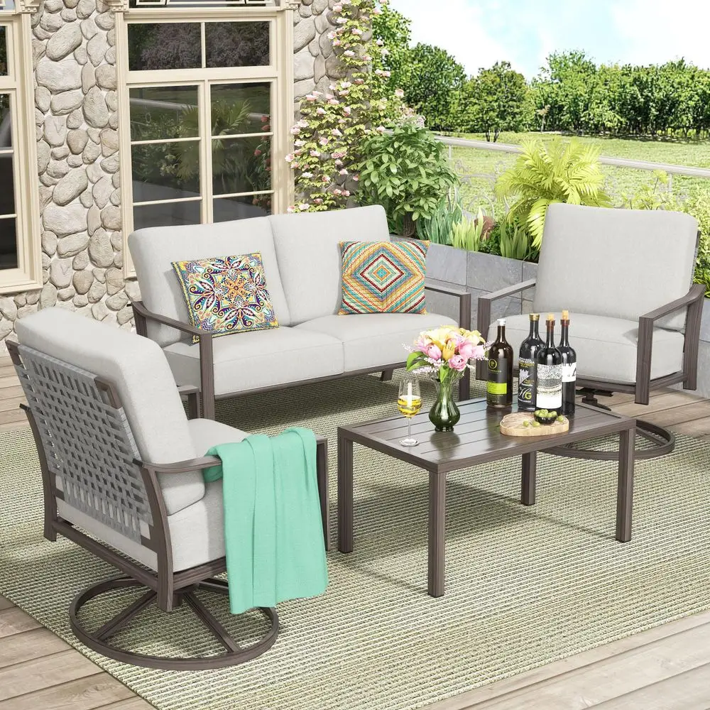 

Patio Furniture Set,4 Piece Outdoor Conversation Metal Swivel Rocking Chairs Set with HandWoven Rope High Back,Sturdy Hand Brus
