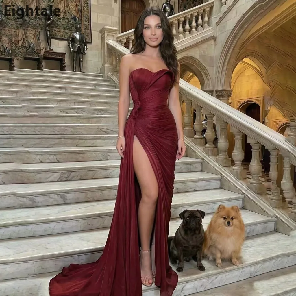 Eightale 2025 Abito da sera maxi con scollo a cuore in seta bordeaux con sirena Abito da ballo formale Abito da cerimonia nuziale Dubai personalizzato