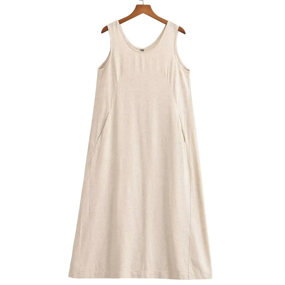 Nordic Style Summer Cotton Linen Blend Breathable Loose Slimming Sleeveless round Neck Vest Dress A-Line Long Dress