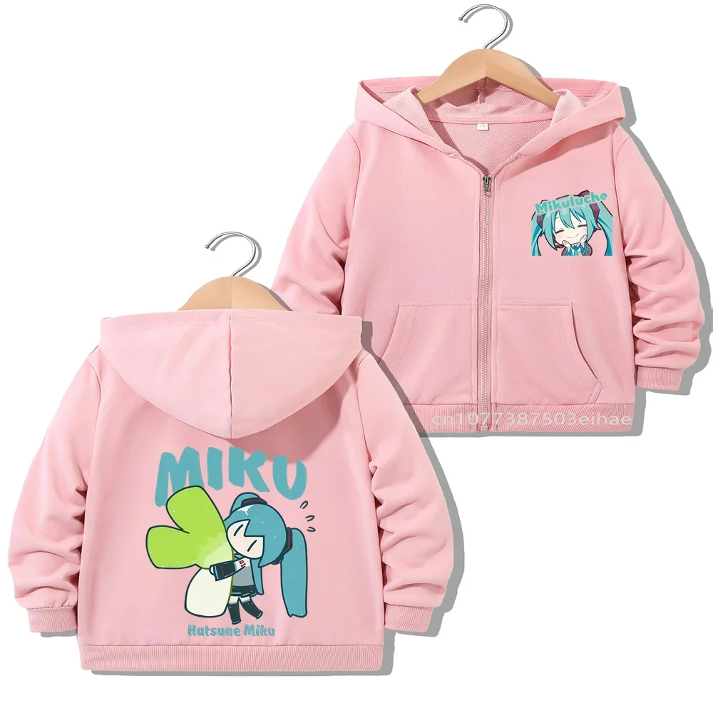 Cute Hatsune Miku Cartoon Pattern Girls Zipper Jacket Kids Spring Fall Outerwear Anime Figure Print Casual Overcoat Tops