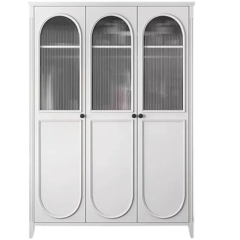 

American country solid wood ivory white double door glass French retro old wardrobe bedroom full solid wood wardrobe