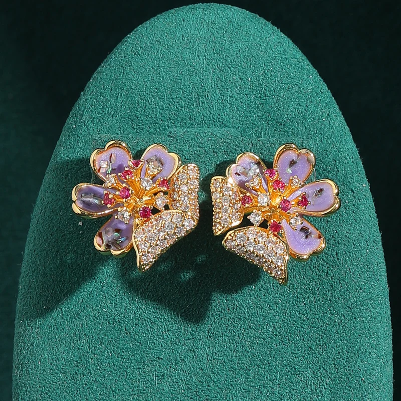 

Vintage Purple Flower Stud Earrings And Pink Natural Stone Women High Quality Brand Antique Gold Plated New Luxury Party Jewelry