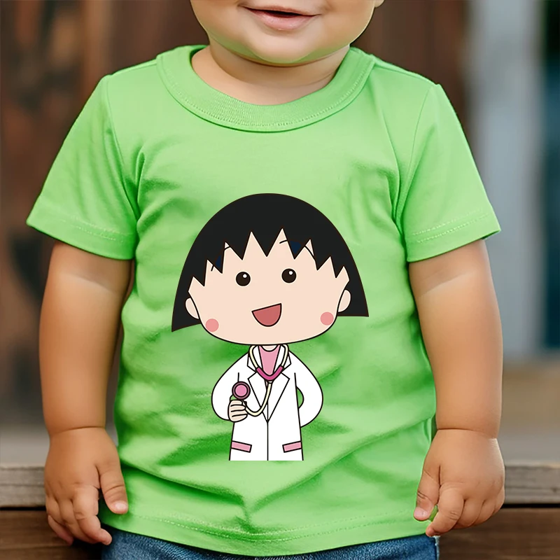 

Chibi Maruko-chan printed kids T-shirt Summer children's cotton short-sleeved green casual tops suitable for boys and girls