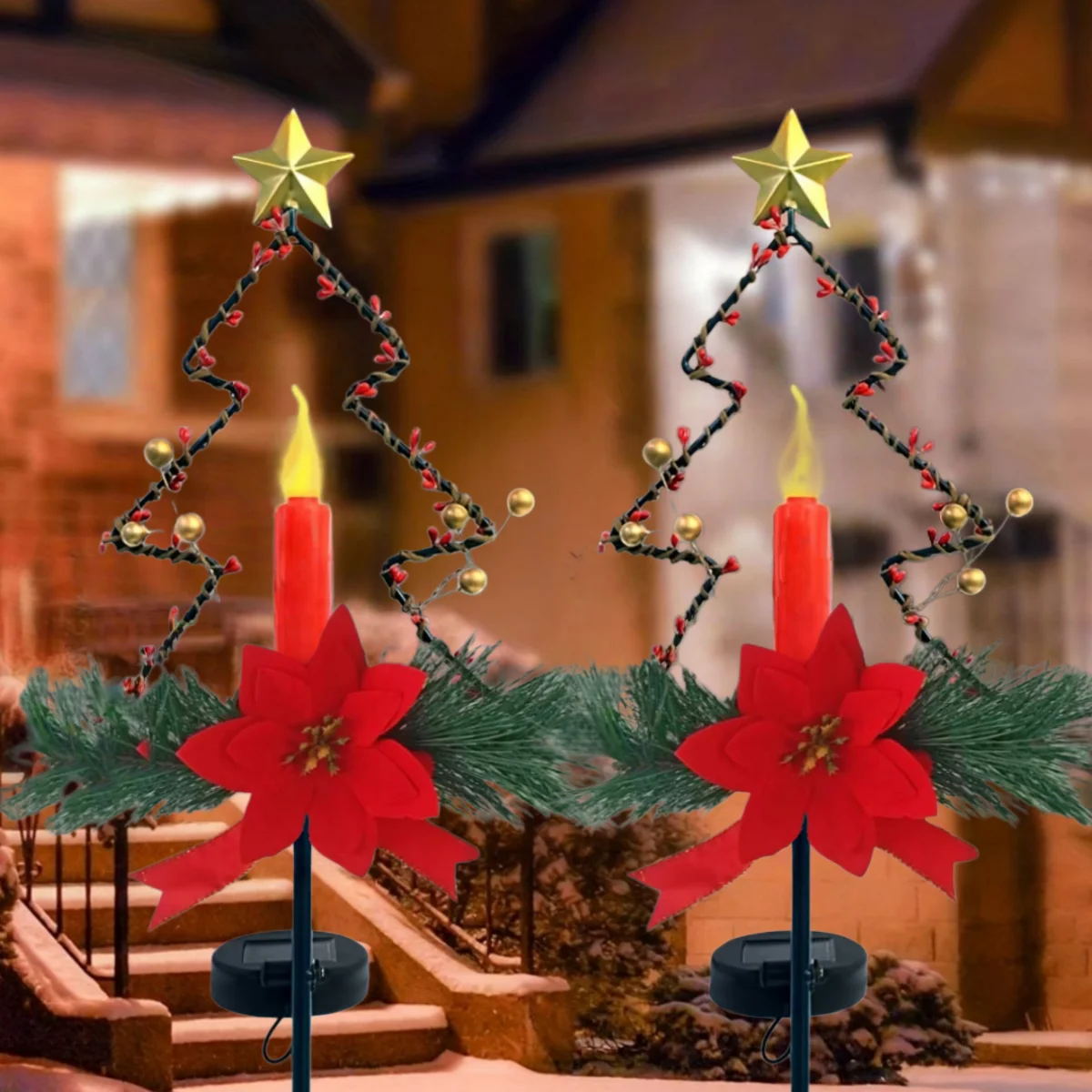Outdoor Solar Light Christmas Decorations, Christmas Outdoor Solar Decorative Candles Christmas Lights Gold Paste Fruit Pine Wood Needle Snowman/Santa Claus/Reindeer Decorative Garden Stakes, for Yard Lawn Patio Porch Home Decor view 6