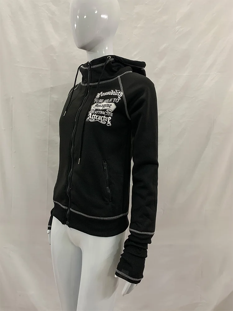 Herbst Winter Damen Y2K Gothic Zip-Up Hoodie mit Leopardenfutter, Totenkopf- und Buchstabendruck, Slim Fit, Langarm, Streetwear, mit Kapuze – Detail 7