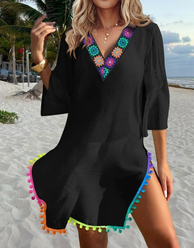 Tribal print V-neck, three-quarters side seam lace tassel hem hoodie, vacation dress, beach hoodie for women