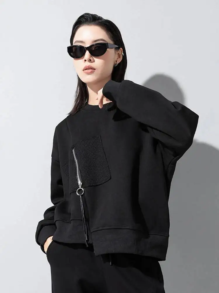 

Черная повседневная толстовка с карманом на молнии, новая женская толстовка с круглым вырезом и длинным рукавом, большой размер, модная весна-осень