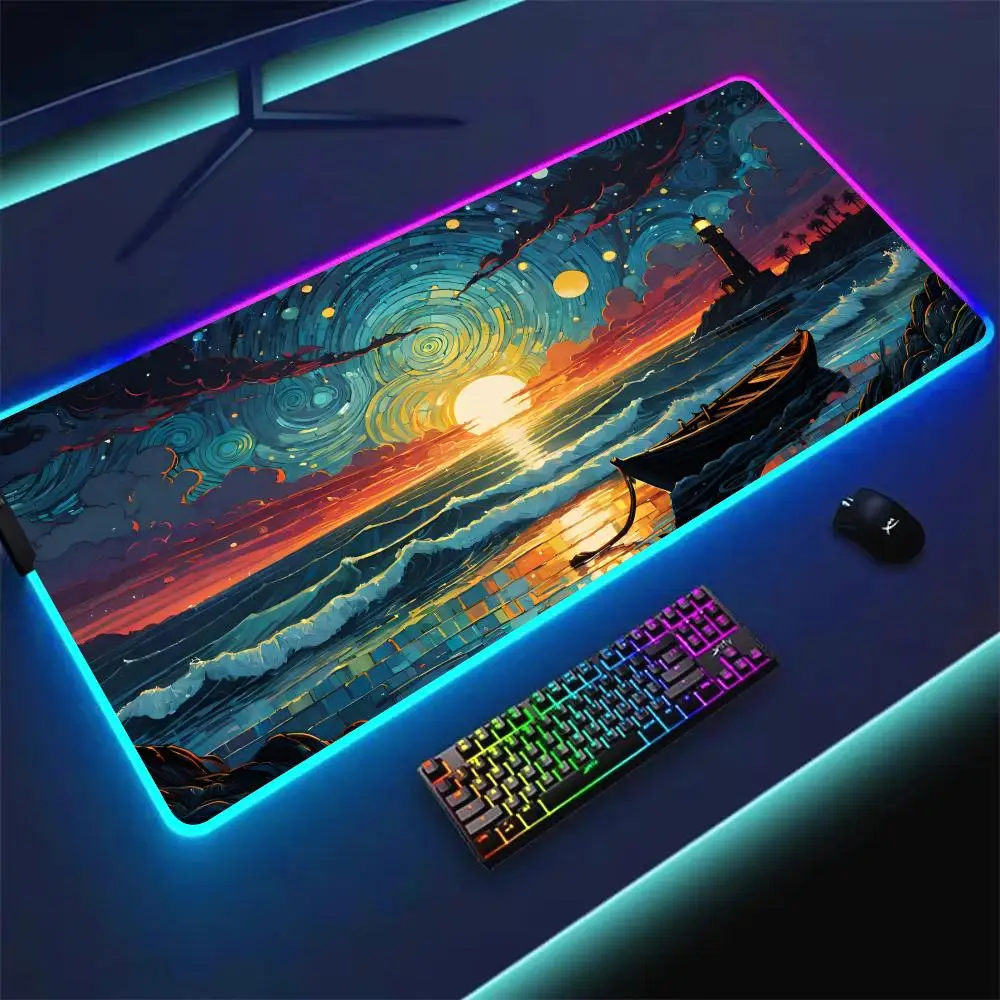 Alfombrilla de ratón RGB con colores de onda japonesa, pintura al óleo, alfombrilla LED brillante para juegos, alfombrilla de escritorio antideslizante de goma, accesorios para juegos, alfombrilla para teclado y ratón