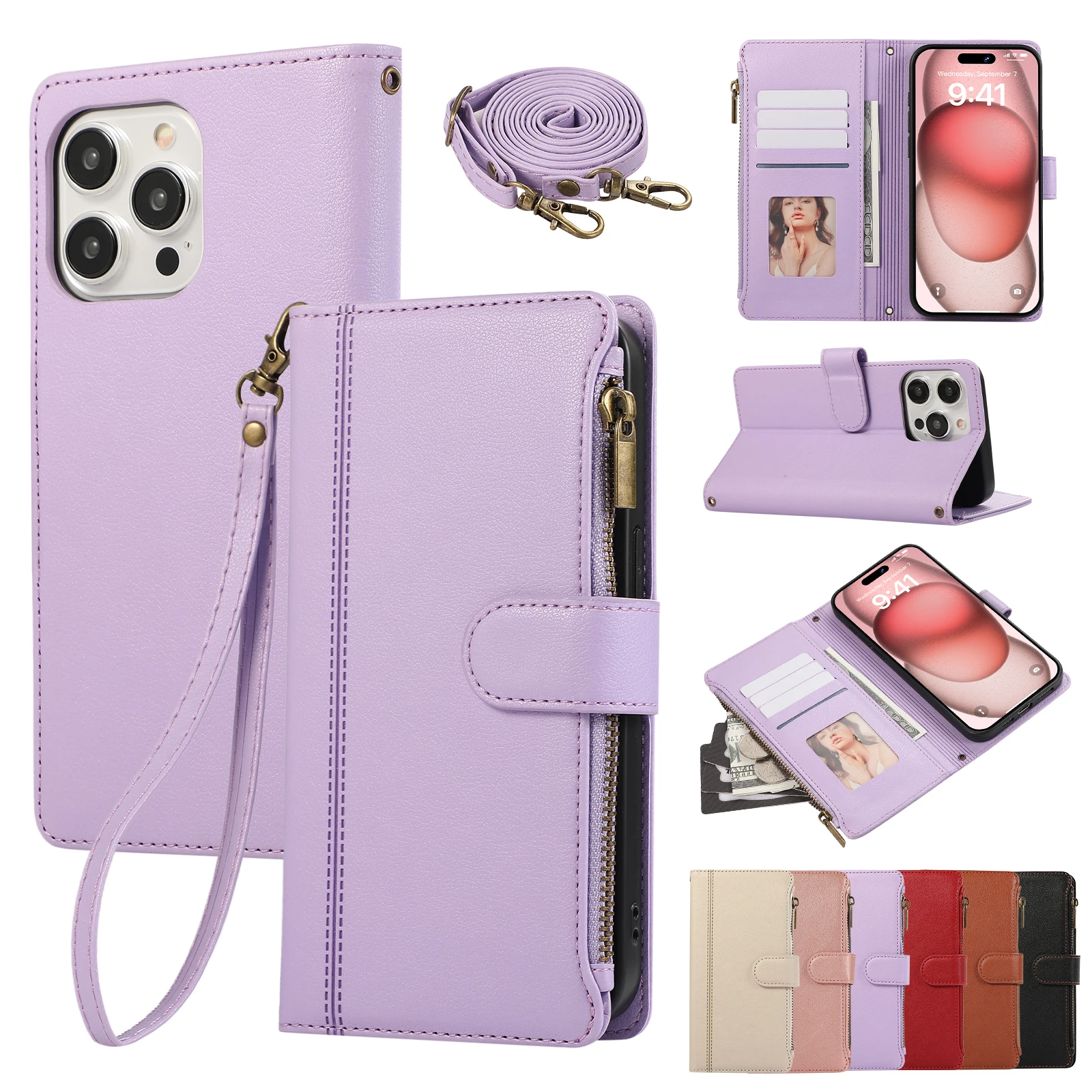 

Multi 4 Cards Zipper Wallet Case For iPhone 16 Pro Max 15 14 13 12 11 Plus XS XR 8 Luxury Leather Lanyard Crossbody Cover Funda