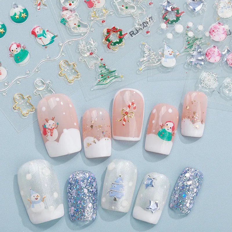 5D en relieve árbol de Navidad pegatina artística de uñas lindo invierno Santa Claus copo de nieve alce grabado deslizador decoración de manicura
