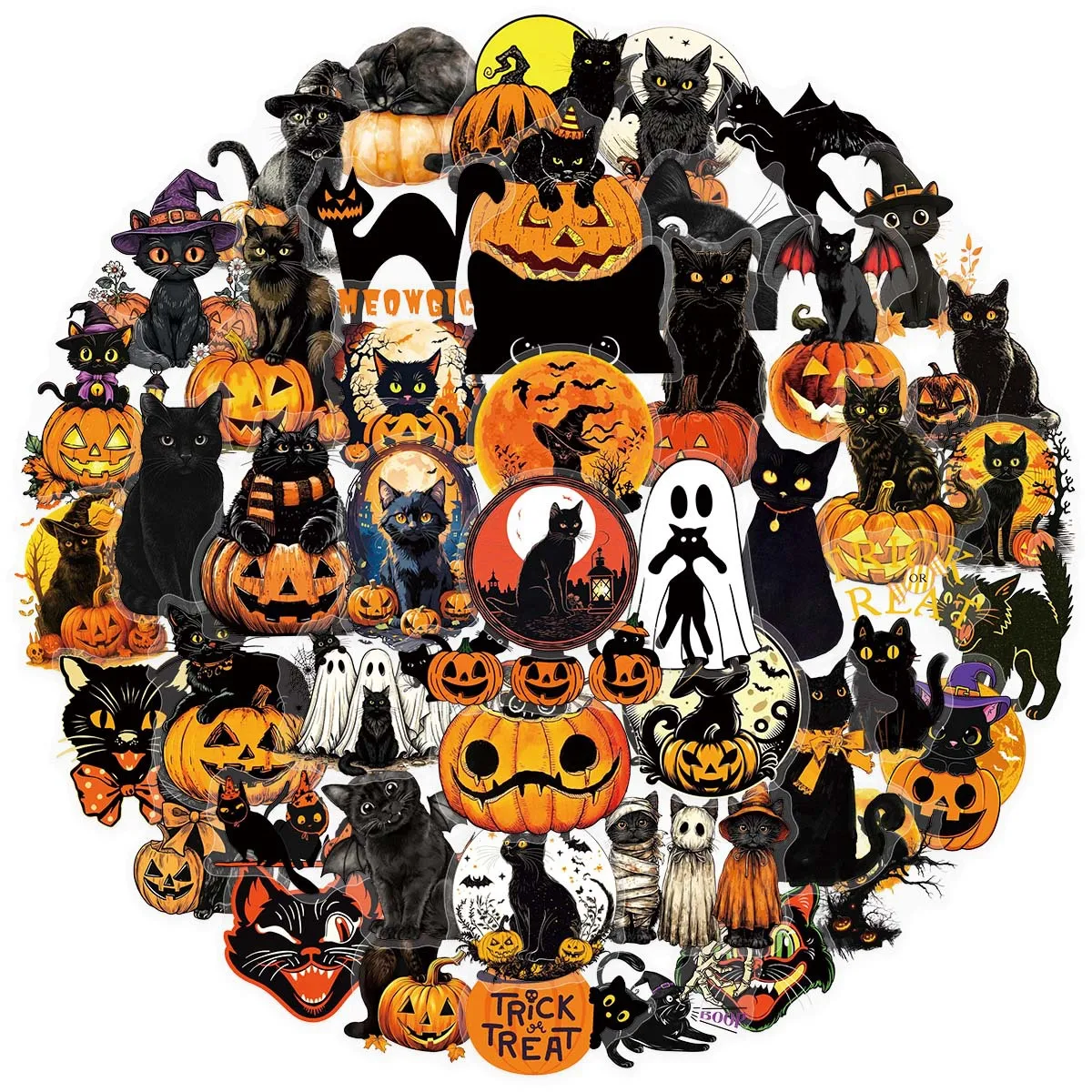 50pcs Hot Selling Halloween Black Cat Cartoon Waterproof Graffiti Stickers, Journal Supplies Decor Stickers for Water Bottle