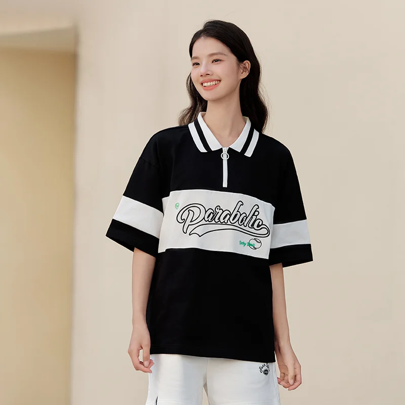 Semir Polo Shirt Women Medium-Length Colour Blocking Letters College Style Clothes Summer Loose Pullover Girls Casual Fashion