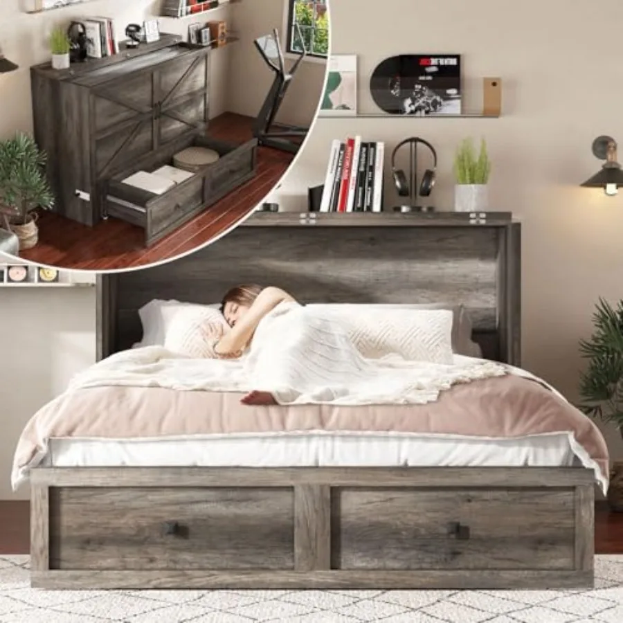 

Murphy Bed with Storage and Charging Station, Farmhouse Murphy Cabinet with Foldable Panel, Noisy Free, for Living Room, Guest