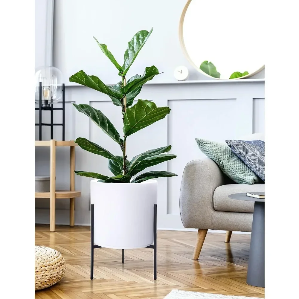 Plants Pot Cylinder Planter with Heavy Duty Stand, Large 14 Inch Pot, 21 Inch with Stand Height, Modern White Plants Pot