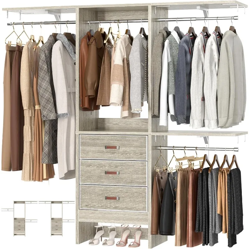 5FT Small Closet System with 3 Fabric Drawers, 60'' Walk In Closet Organizer System With 3 Adjustable Shelves,