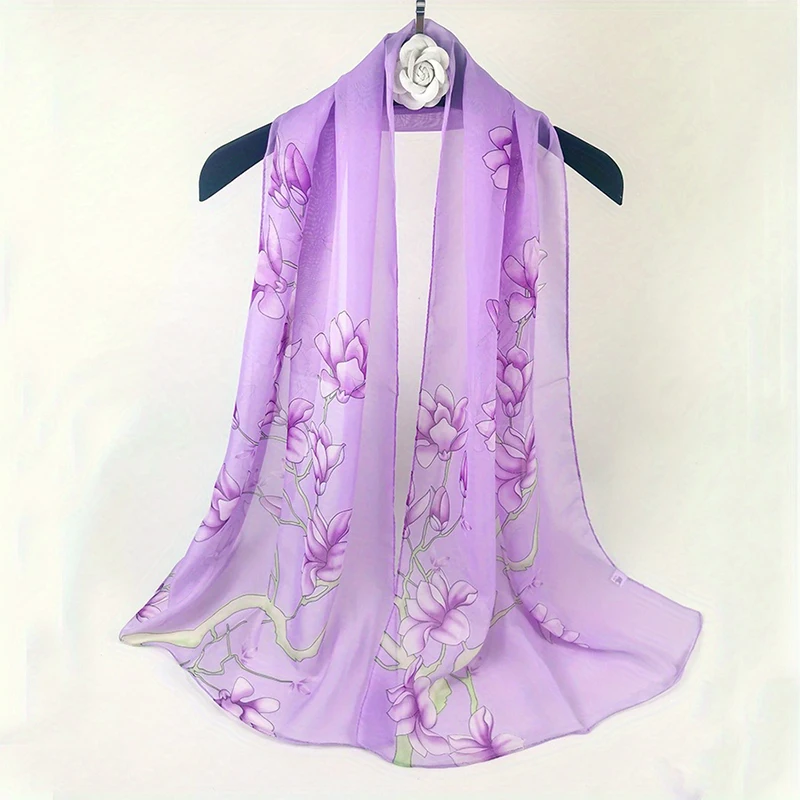 Summer New Fresh and Breathable Thin Natural Flower Printing Chiffon Women's Long Scarf Sunscreen Women's Scarf