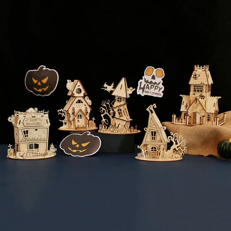 Halloween Series DIY Ghost Festival House Wooden Puzzle Building Blocks Children's Handmade Halloween Gift Decoration Candy Box