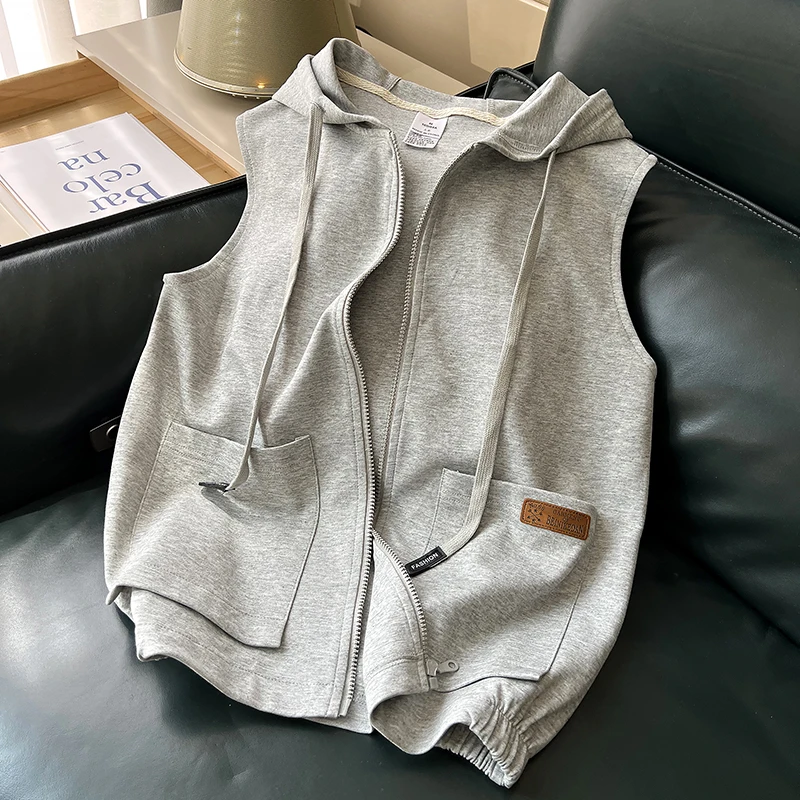 

Spring Autumn Vests Women's Sweatshirt Athleisure Solid Color Outside Wear Vest Hooded Cardigan Sleeveless Hoodie Waistcoat Tops