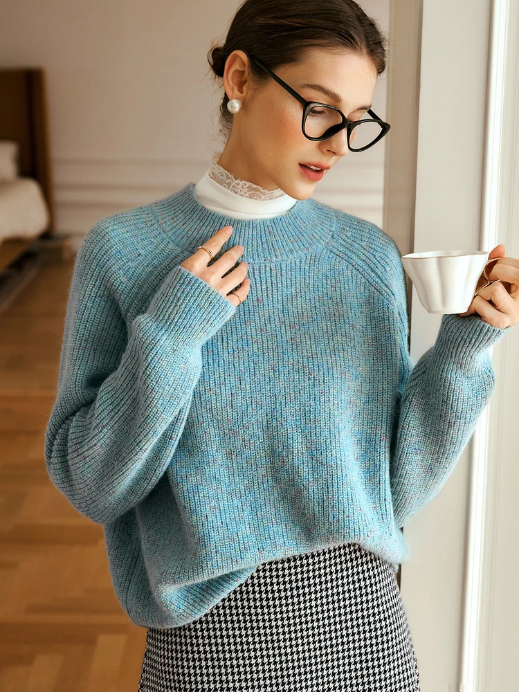 

OLrain женский синий шерстяной свитер, осень 202, свитер с круглым вырезом и длинными рукавами, свободный крой, шикарный модный вязаный джемпер O56DM95516