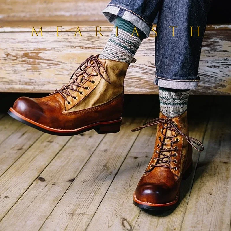 

Men's Boots High-top Breathable PU Leather Retro Men's Motorcycle Tooling Shoes Boots for Men Leather Cowboy Boots