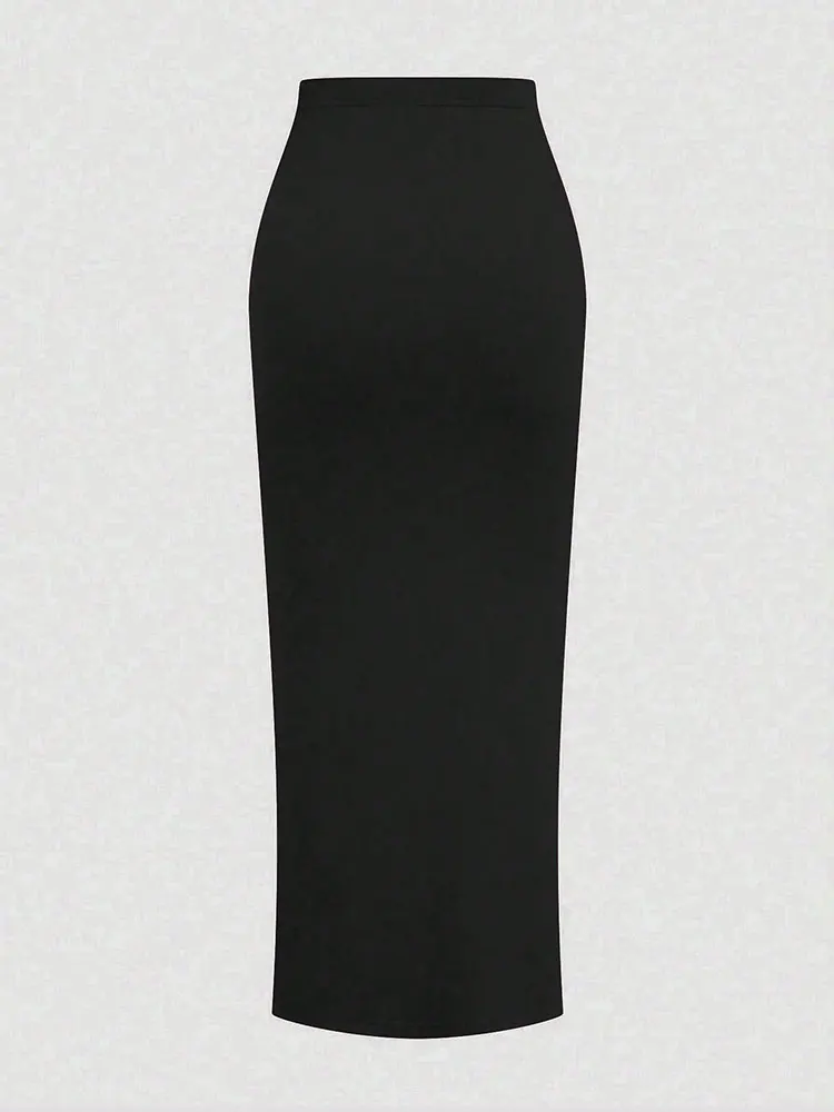 Nuevo Falda Midi francesa de cintura alta Retro de punto fruncido con abertura alta, falda negra versátil ajustada de talla grande, ropa femenina elegante para fiesta