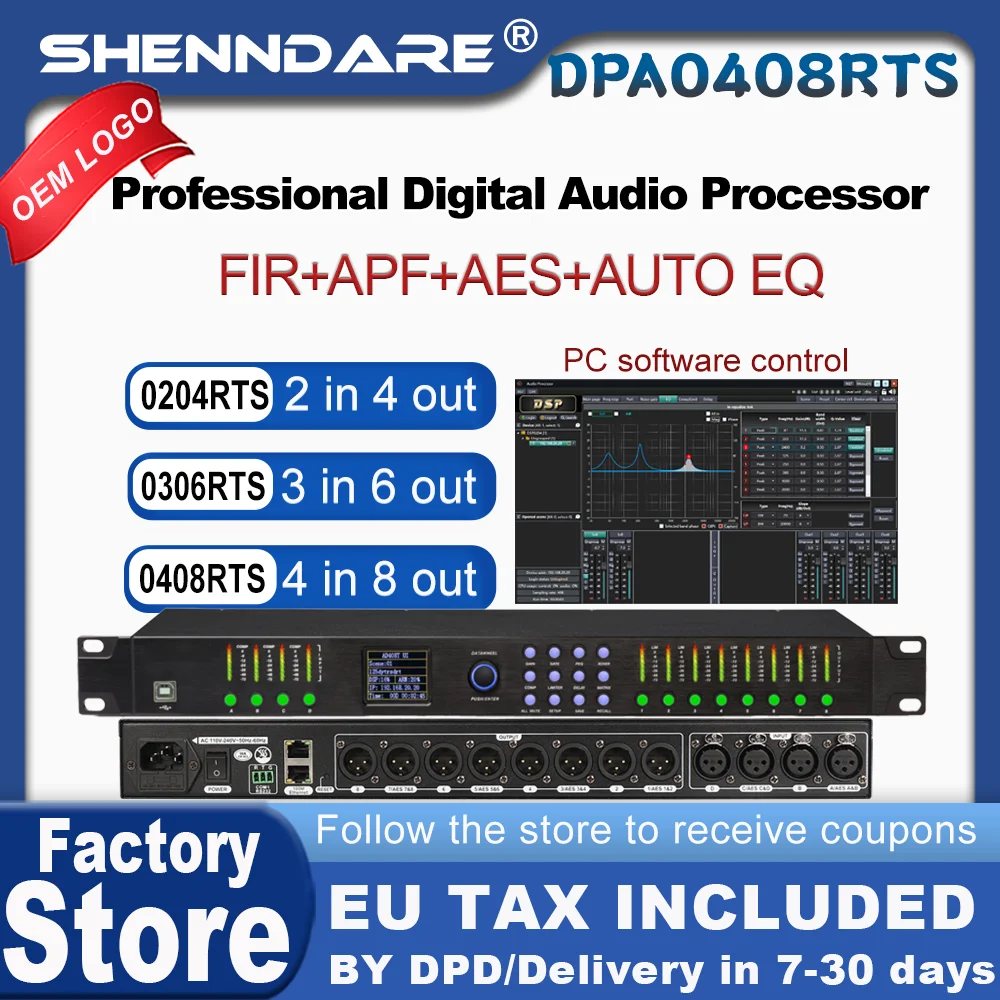 ShennDare DPA0408RTS 프로페셔널 스테이지 디지털 오디오 프로세서 32비트 DSP 16밴드 자동 EQ AES 입력 출력 FIR 필터 스피커 오디오 장비 96KHz 샘플링 속도 RS232 제어 PC 소프트웨어 제어