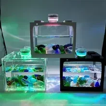 Mini Fish Tank with LED Lighting Aquarium LED Light Box Stackable Aquarium Cylinder Landscape Seawed for Home Office Decoration