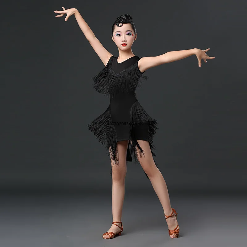 Girls summer Latin dance clothing children's competition performance training dress tassel dress girl grade test dress