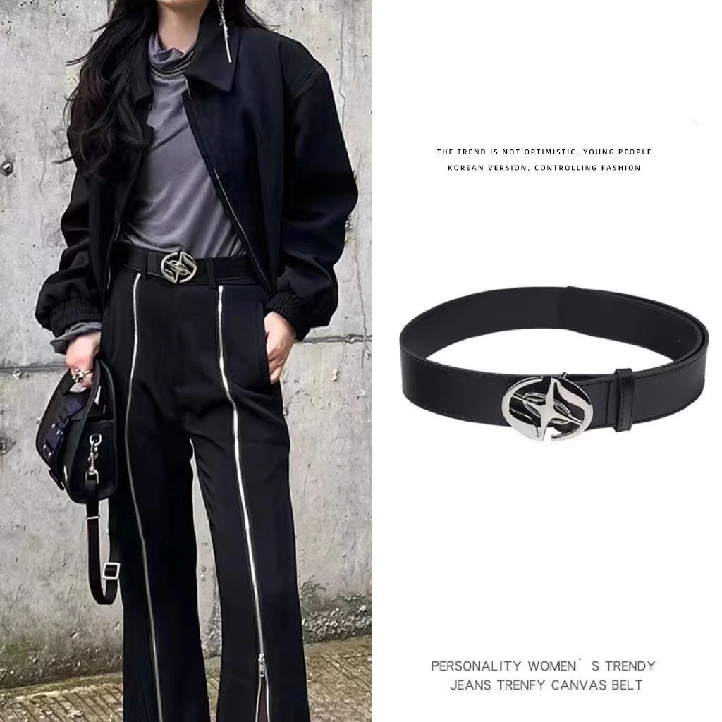 Retro black belt tide cool metal buckle head male personality simple ladies decorative belt ins wind niche trouser belt