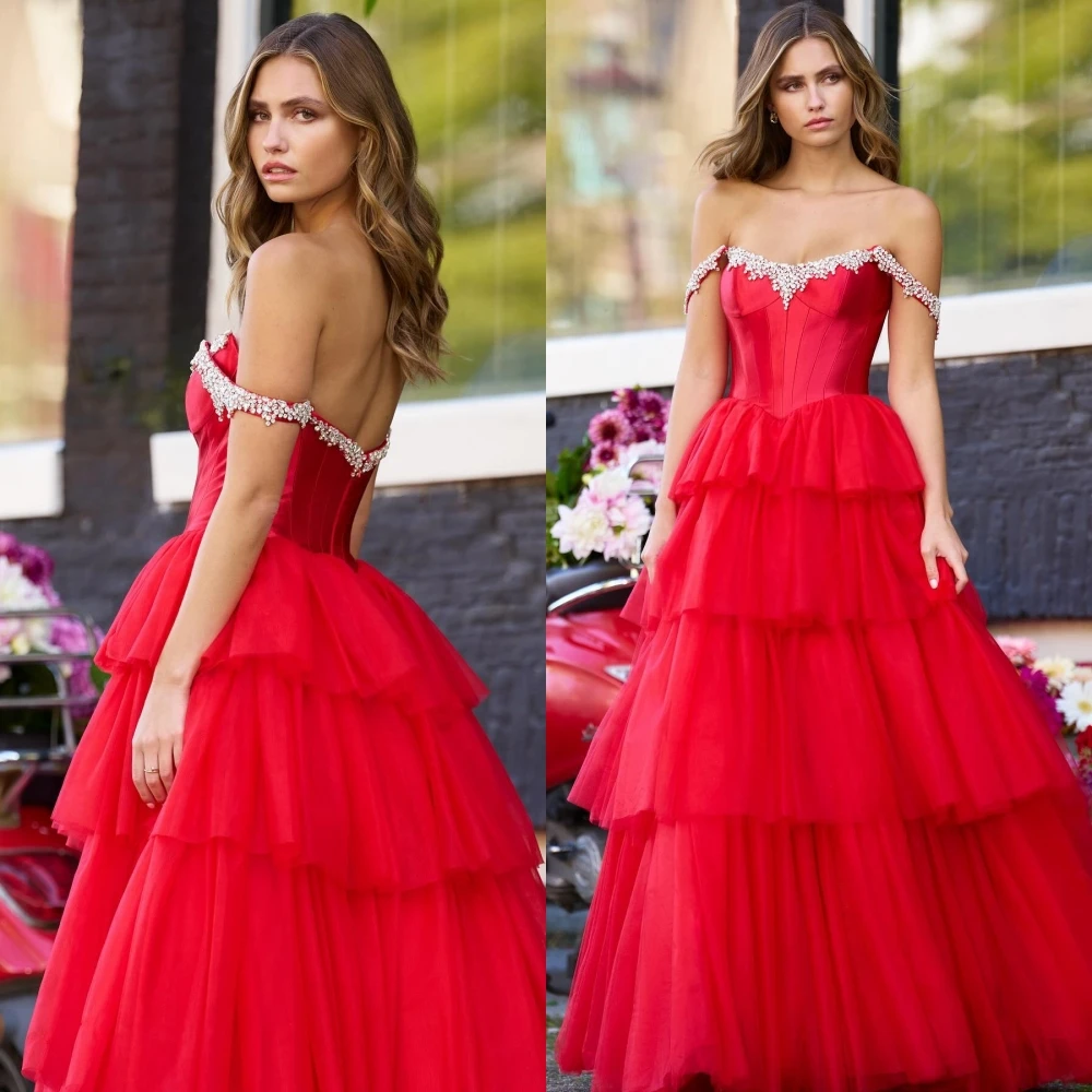 

Mesprit Fashion Simple Off-the-shoulder A-line Evening Dresses Draped Layered Rhinestone Organza Custom Dress