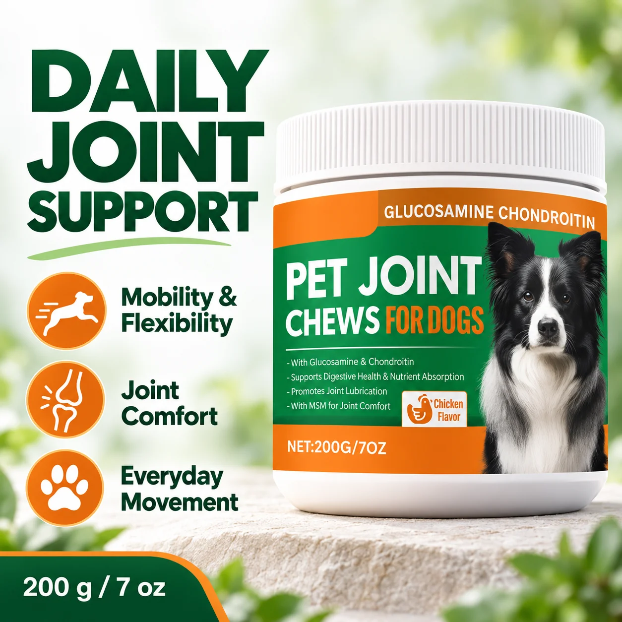 Dog Joint Support Chews Glucosamine Chondroitin MSM Mobility Flexibility Supplement Chicken Flavor Daily Joint Comfort Care 200g