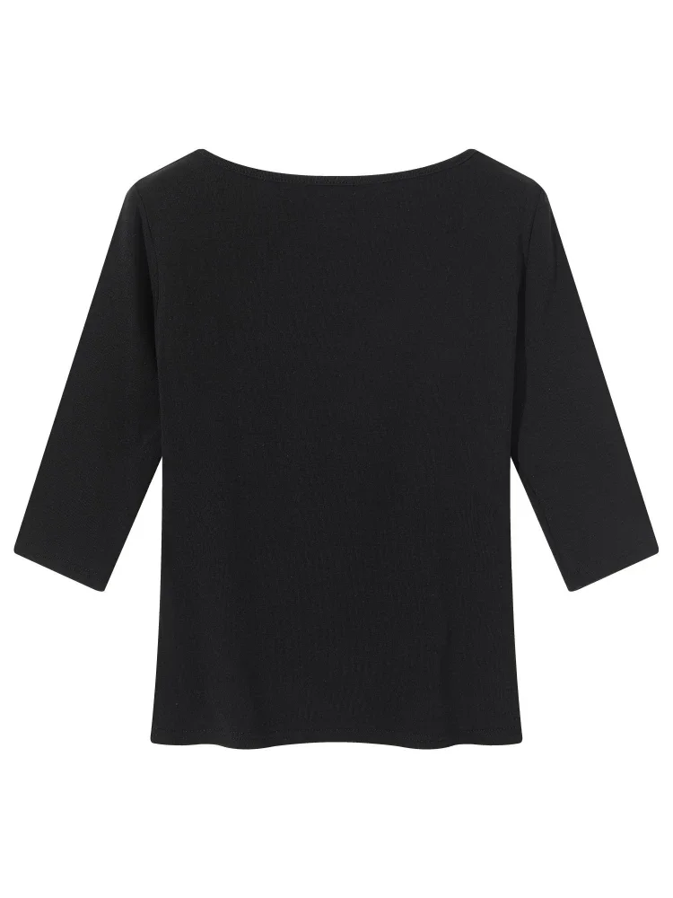 AOSSVIAO 2026 Herbst Neues Damen-T-Shirt Trendiges U-Ausschnitt Dreiviertelärmel-T-Shirt Minimalistisches Weißes Einfarbiges Vielseitiges Lässiges Oberteil – Detail 5
