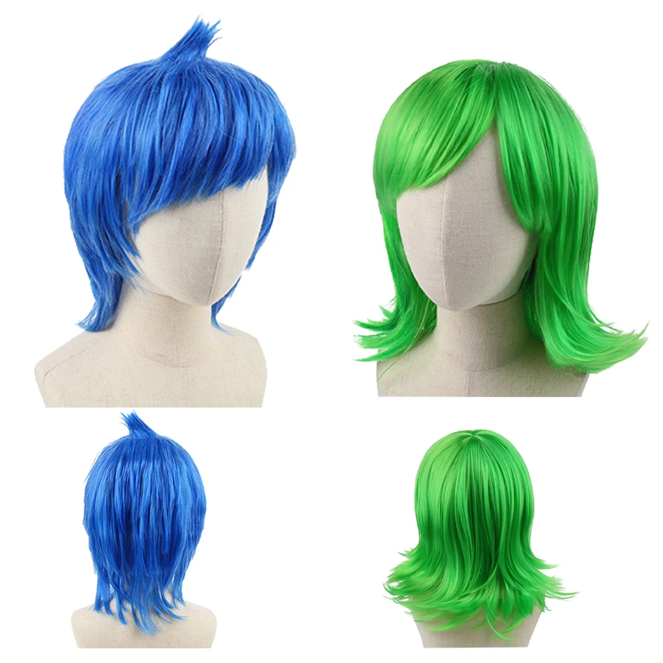 

Girls Halloween Inside Out Joy Cosplay Wig Disgust Dress Up Wig Kid Blue Short Hair Wig Green Theme Party Green Wig for Children