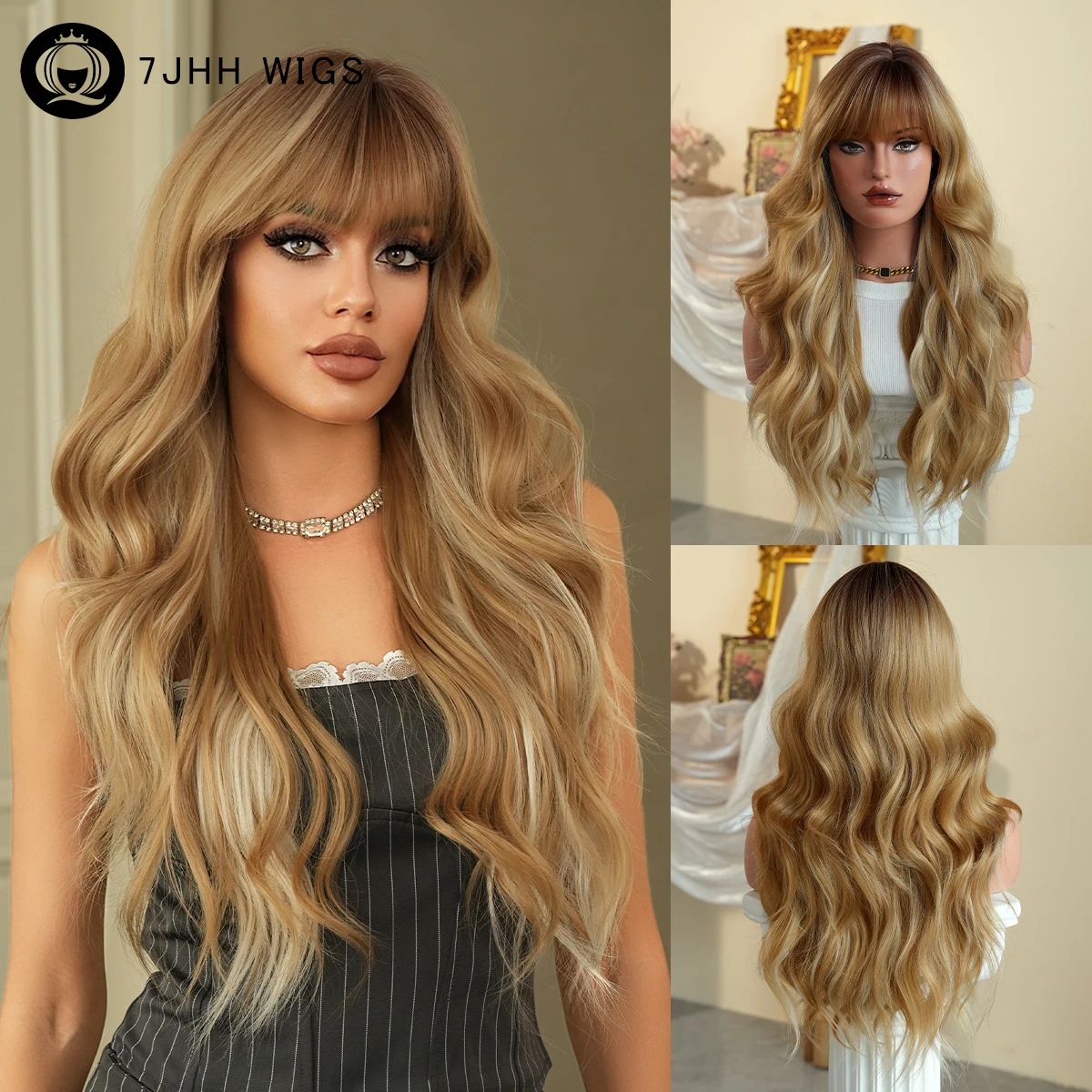 

Long Water Wave Golden Brown Wig for Women High Density Synthetic Heat-Resistant Modest Fashion Wear and Go Wigs with Neat Bangs